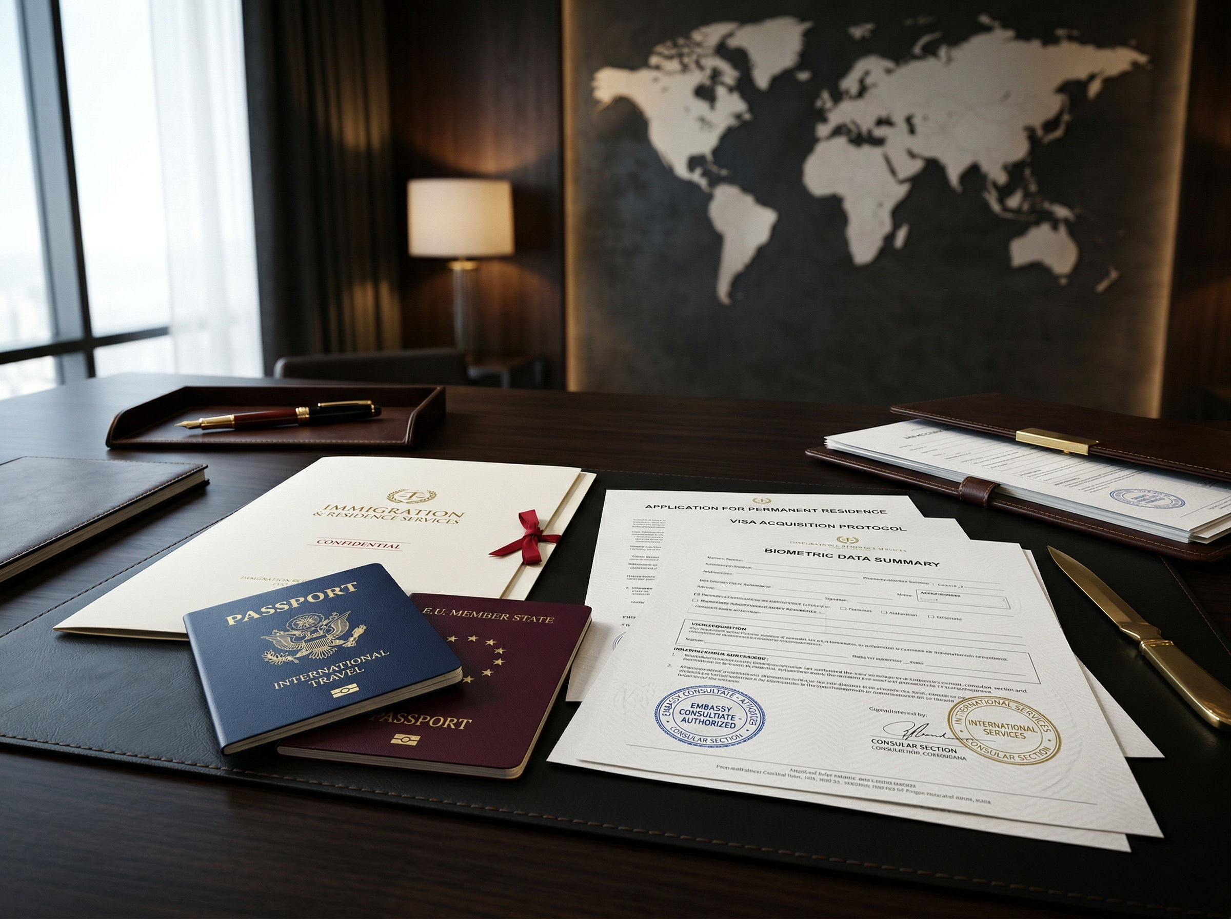 Passports and immigration documents with world map